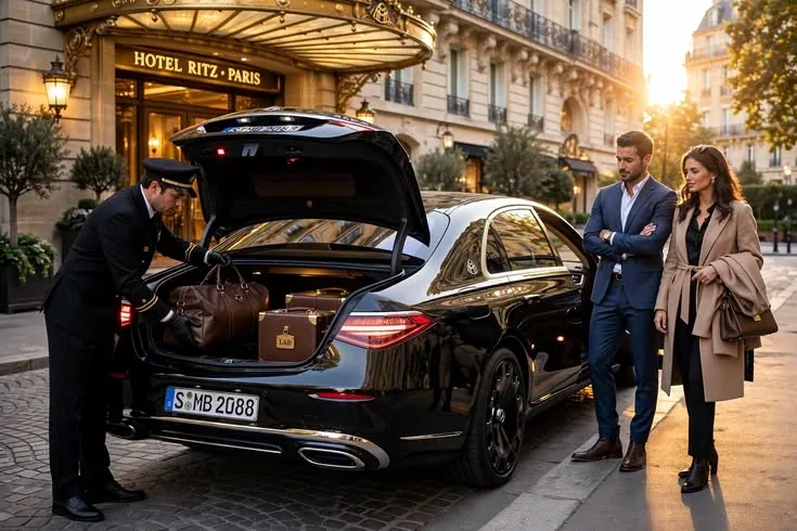 Two clients meeting their chauffeur beside a black luxury sedan on a city street at sunset