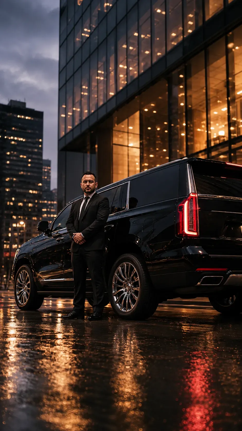 A chauffeur in a black suit standing beside a black SUV on a wet street outside a lit office tower at night