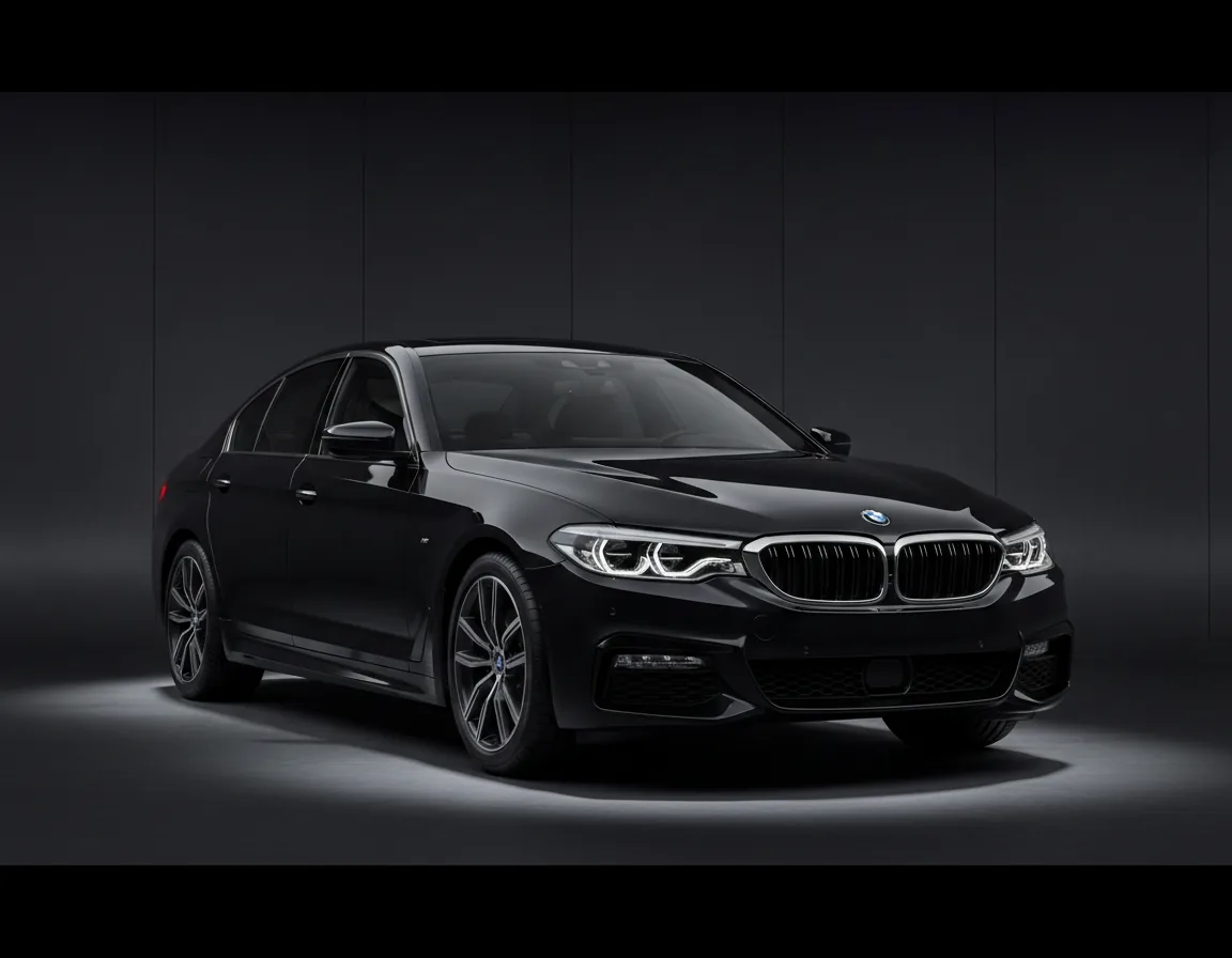 Black BMW 5 Series sedan lit from the side against a dark backdrop