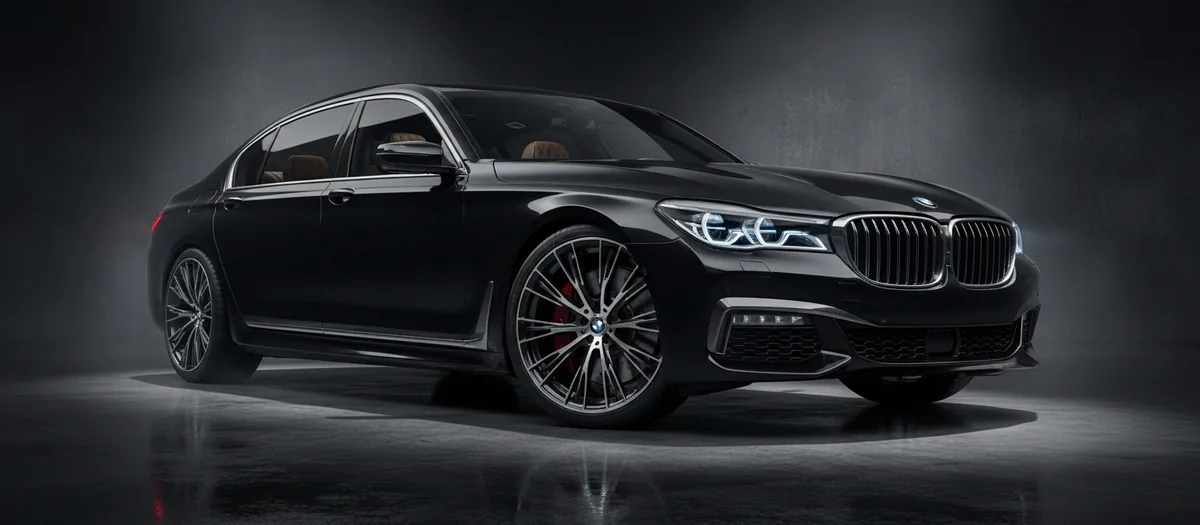Black BMW 7 Series saloon on a dark studio floor, front wheels turned toward the camera