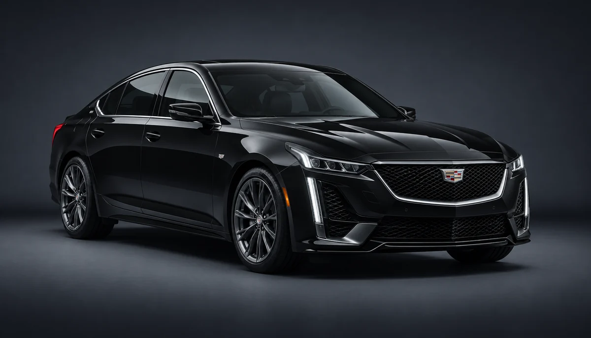 Black Cadillac CT5 sedan photographed three-quarter front in a dark studio