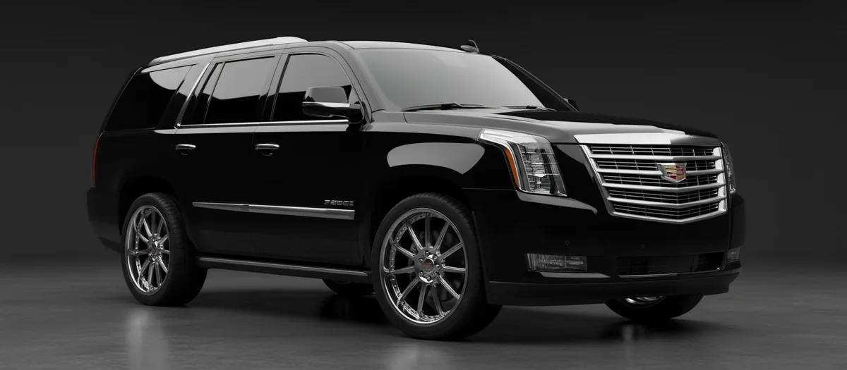 Black Cadillac Escalade in profile on a polished studio floor