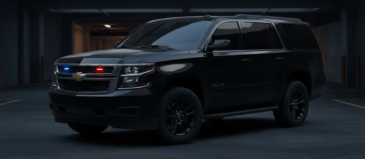 Black Chevrolet Suburban with headlights on in a dim parking structure