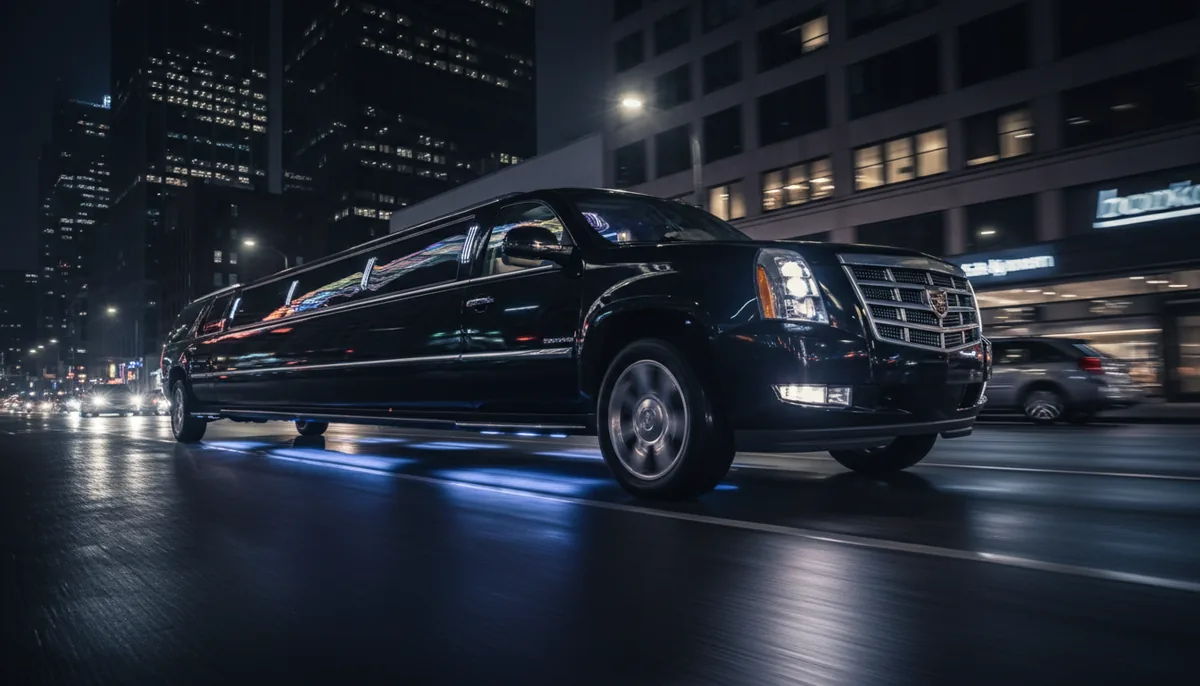 Black Cadillac Escalade stretch limousine on a city street at night with lit ground effects