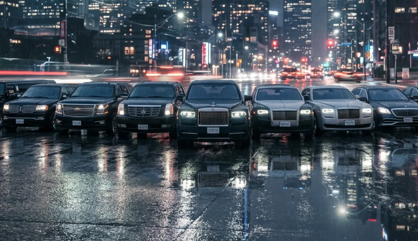 Eight black limousines, SUVs and luxury sedans lined up abreast on wet tarmac at night with a lit city skyline behind them