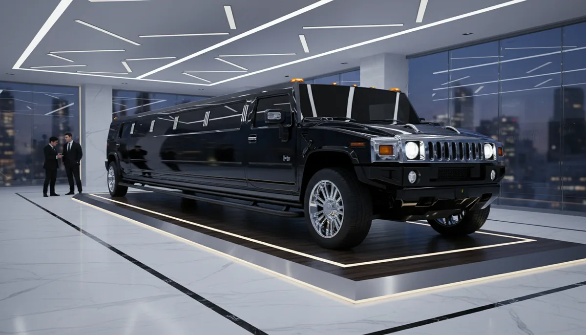 Black Hummer H2 stretch limousine on a lit display platform in a glass-walled showroom