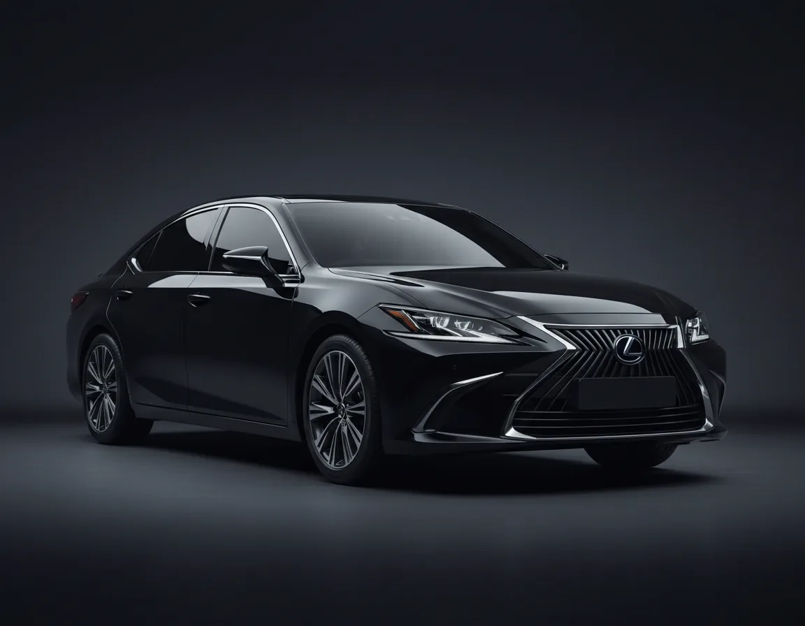 Black Lexus ES sedan photographed three-quarter front in a dark studio