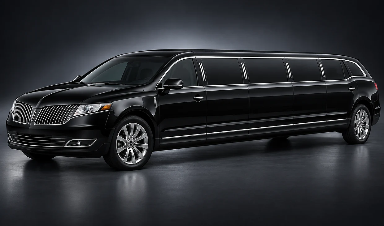 Black ten-passenger Lincoln MKT long stretch limousine photographed in a dark studio