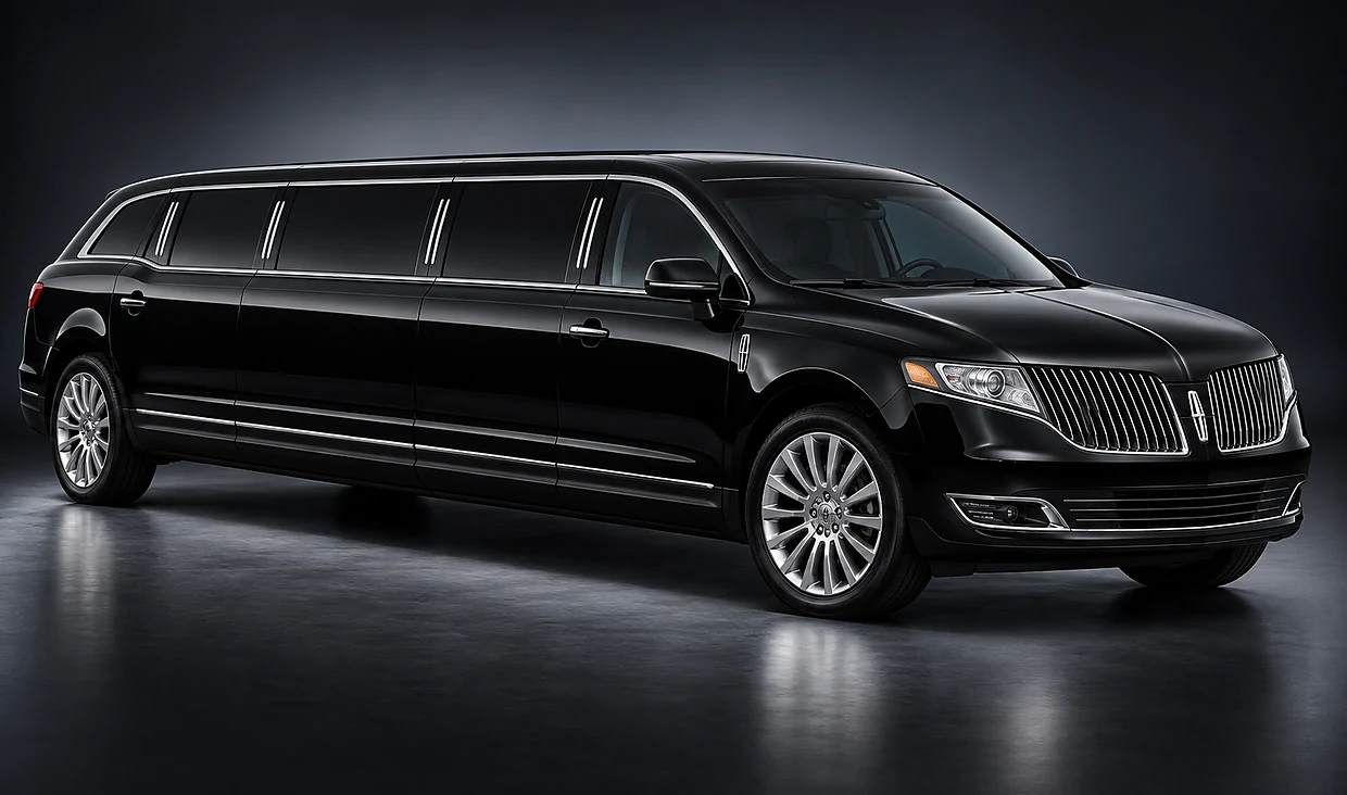 Black eight-passenger Lincoln MKT stretch limousine photographed in a dark studio