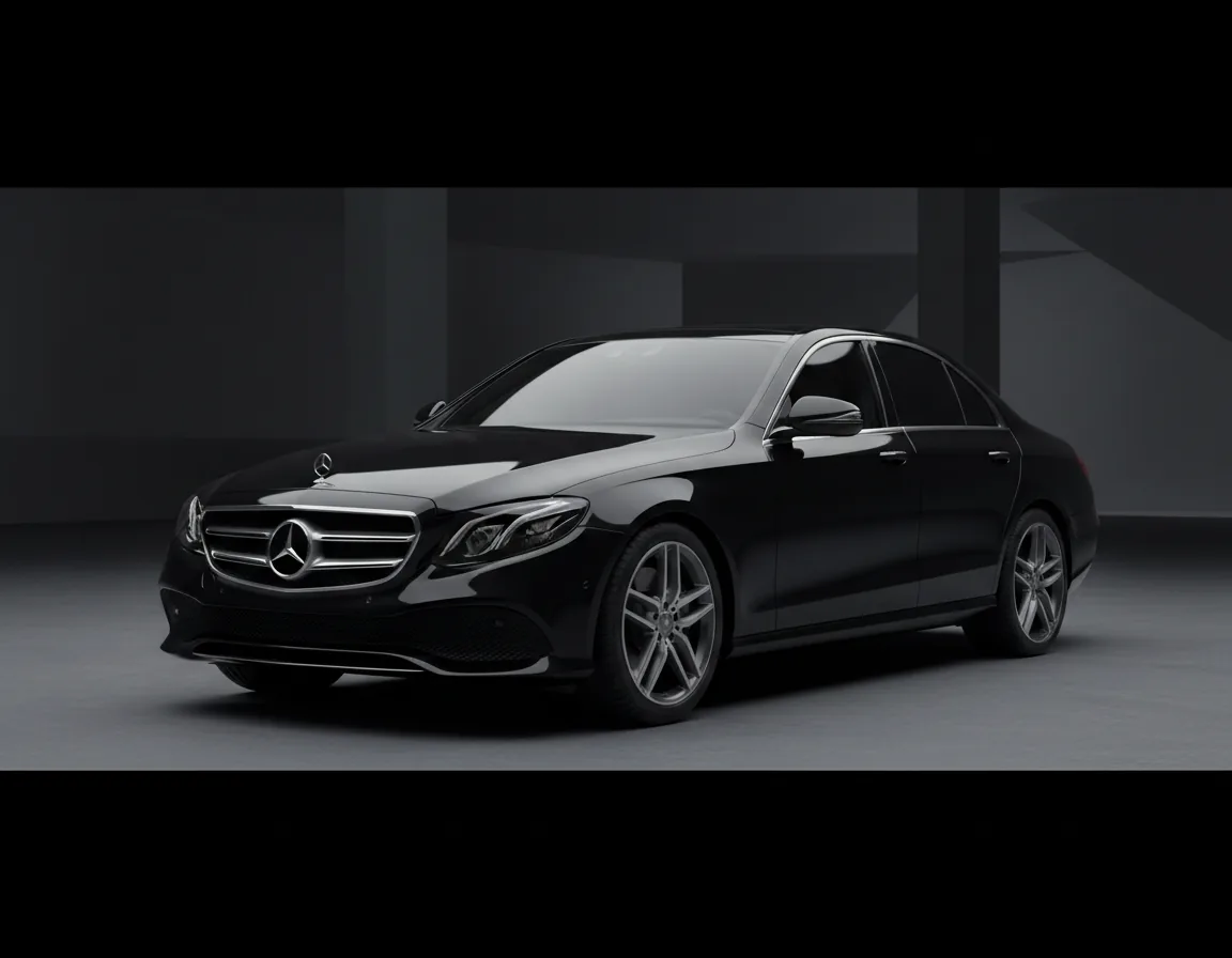 Black Mercedes-Benz E-Class sedan photographed head-on in low light