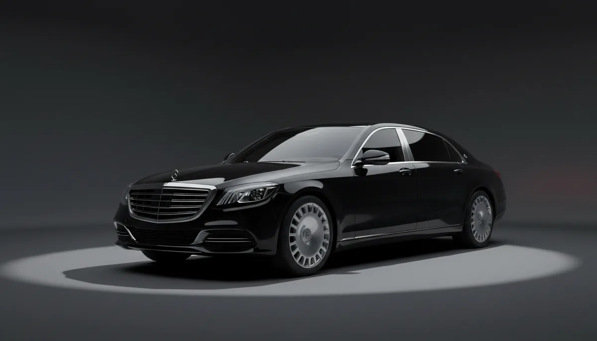 Black Mercedes-Maybach saloon on a lit turntable in a grey studio