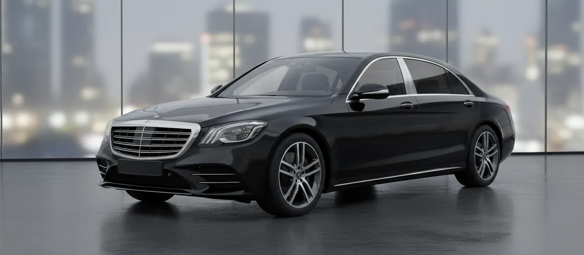 Black Mercedes-Benz S-Class saloon parked inside a glass-walled room at dusk