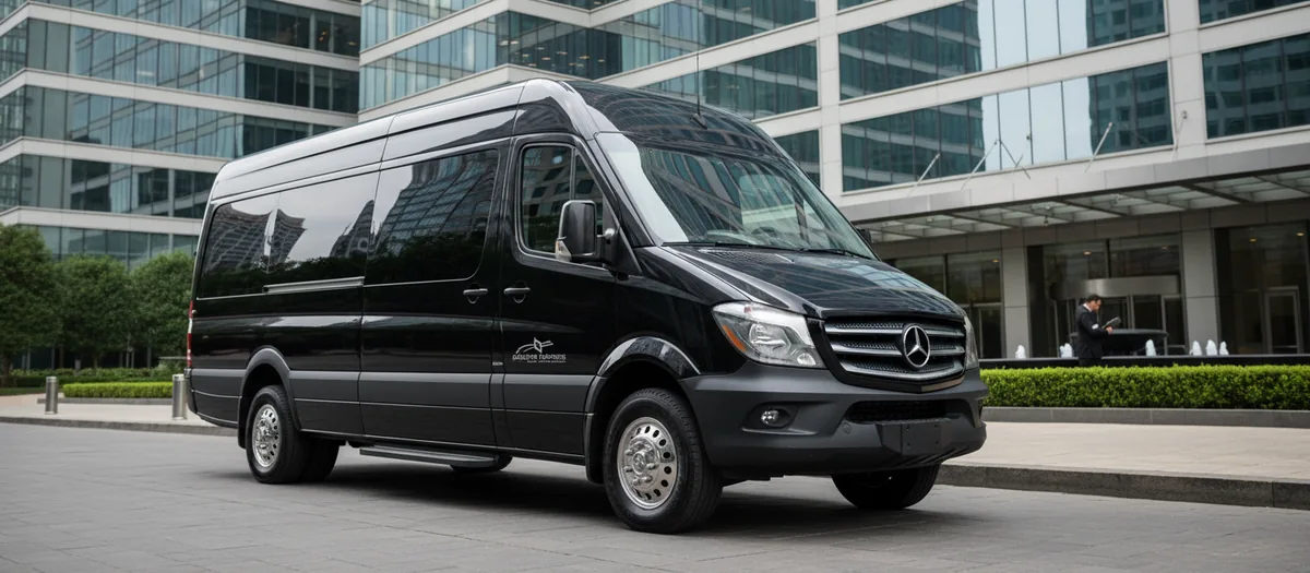 Black Mercedes-Benz Sprinter van parked outside a glass office building