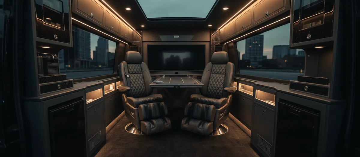 Interior of an executive Mercedes-Benz Sprinter with facing leather seats, a table and a wall-mounted screen