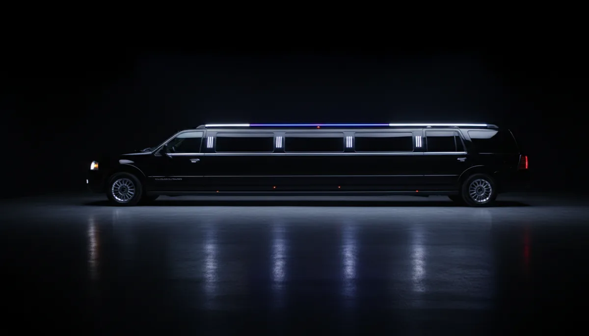 Black Lincoln Navigator stretch limousine in profile, lit along its side windows in a dark room