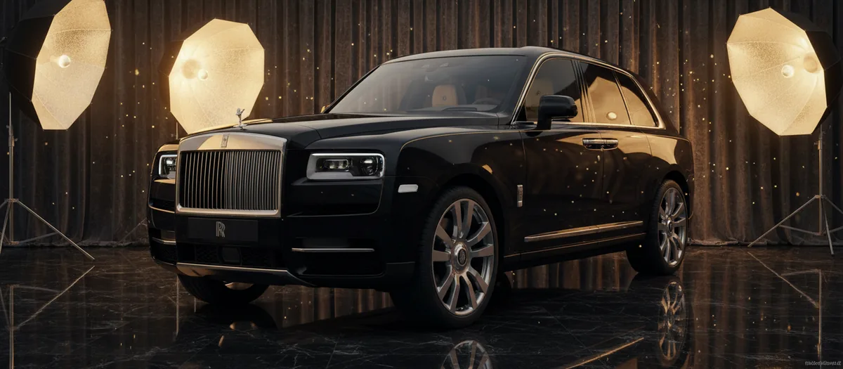 Black Rolls-Royce Cullinan on a studio set flanked by two large gold-toned lights