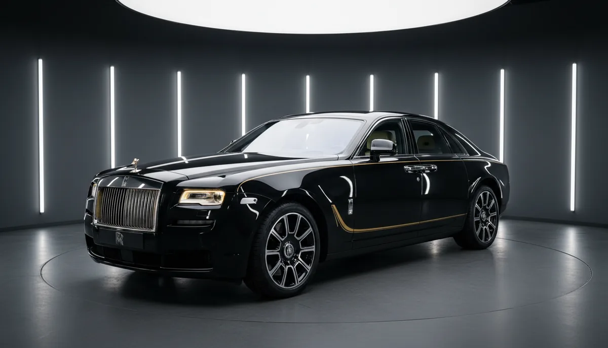 Black Rolls-Royce Ghost between vertical strip lights in a dark showroom