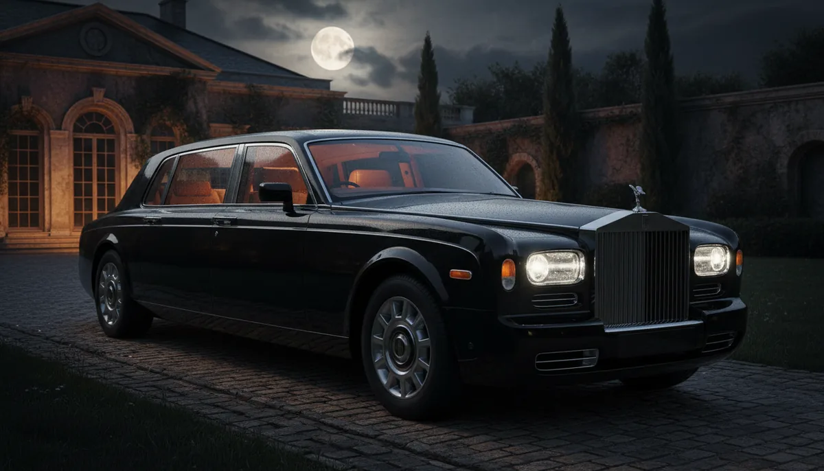 Black Rolls-Royce Phantom on a cobbled forecourt outside a lit manor house at night