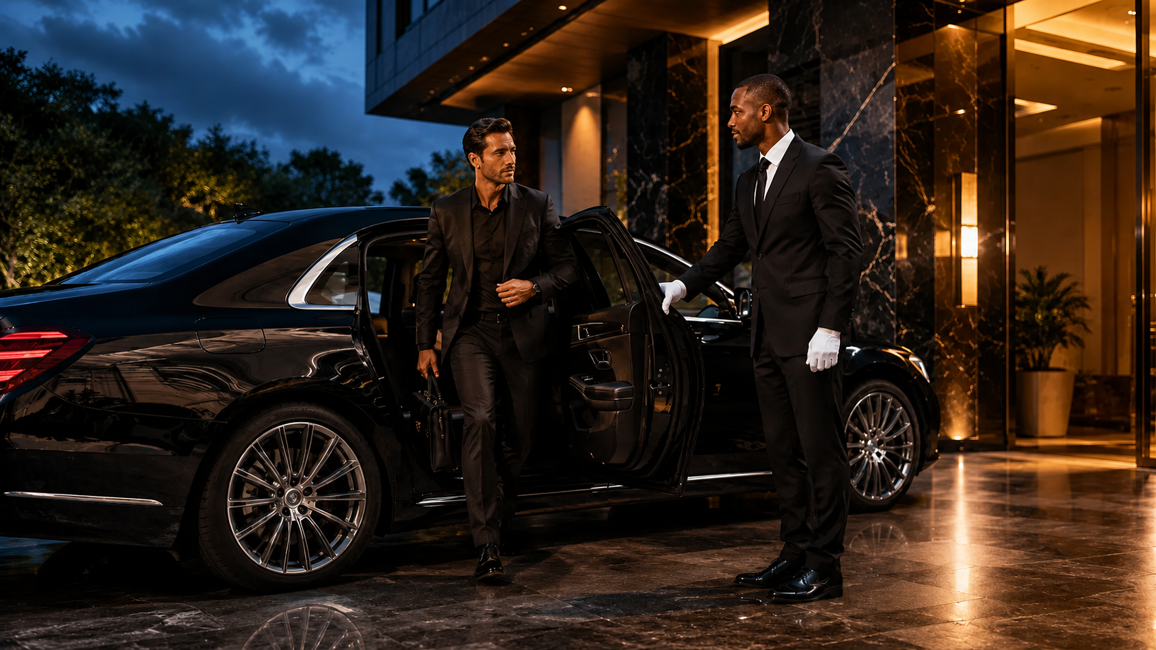 Professional chauffeur opening the door of a luxury vehicle
