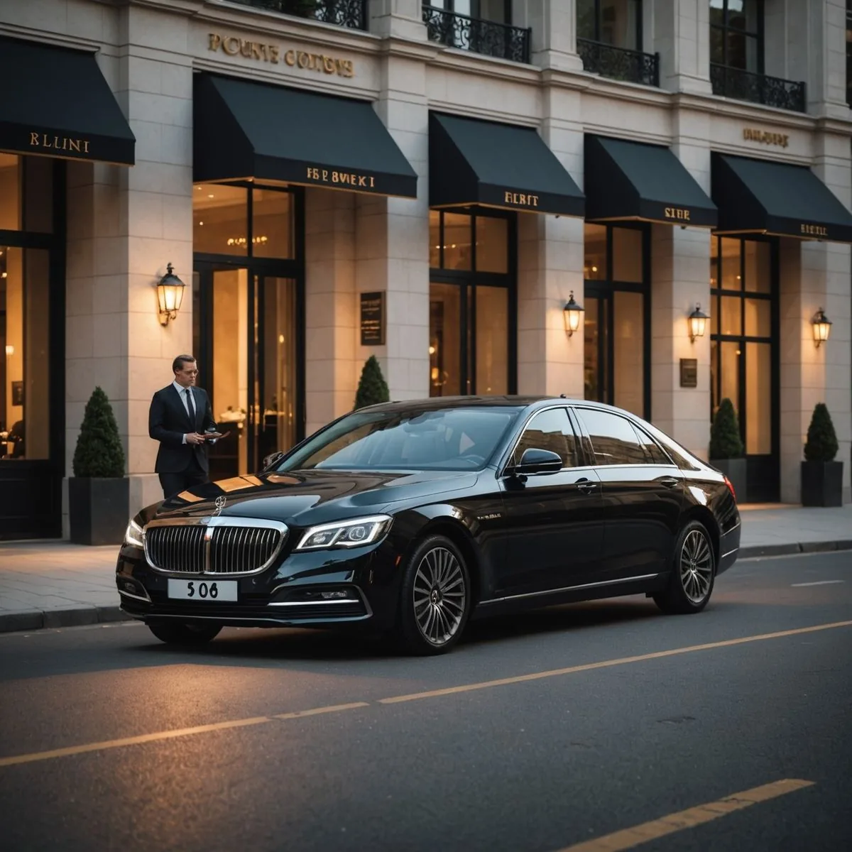 Black sedan waiting at the kerb outside a lit hotel entrance