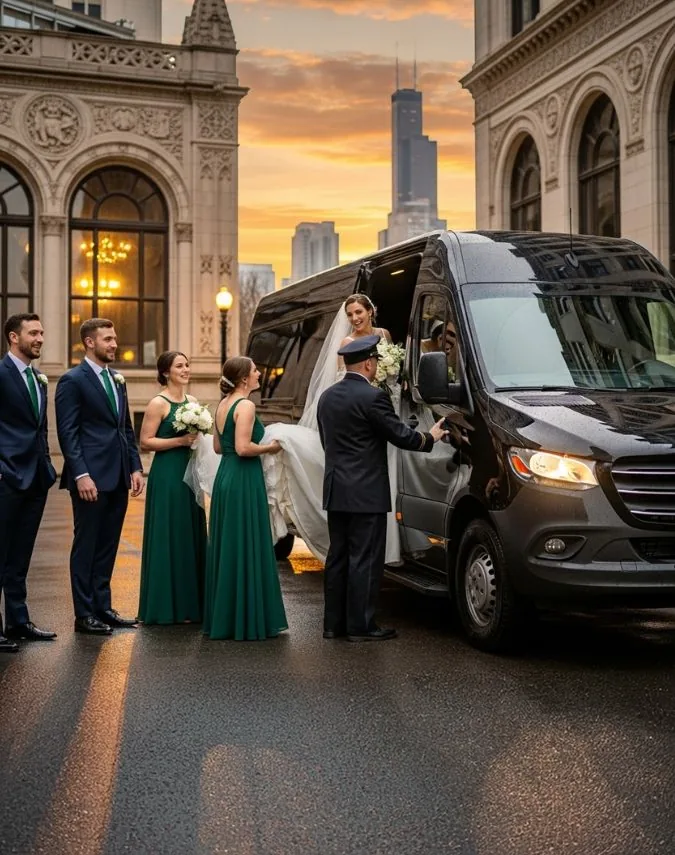 Group boarding a Blackdoor Limo for an evening event
