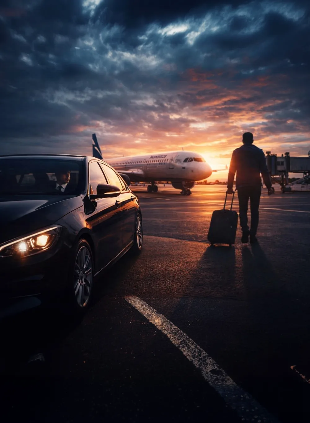 Blackdoor Limo sedan waiting on the apron at sunset