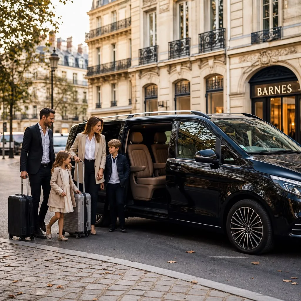 Family with two children stepping out of a chauffeured van on a city street